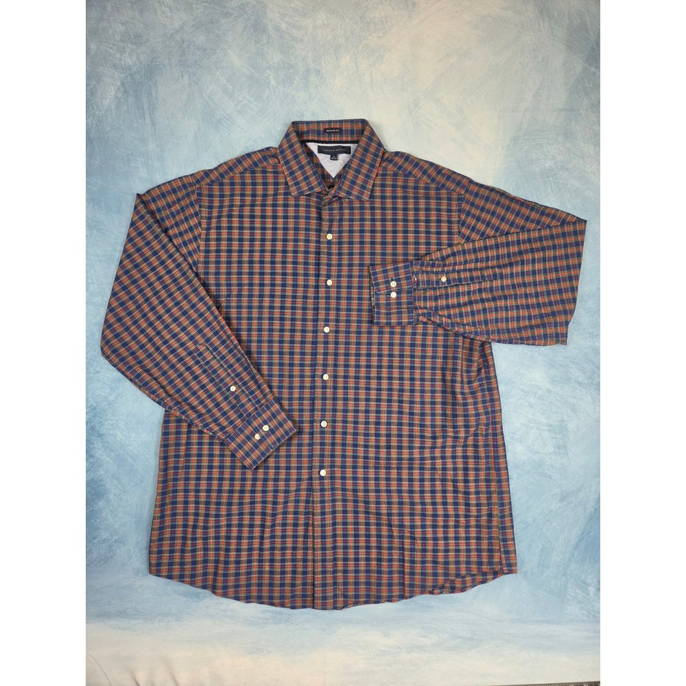 Tommy Hilfiger Regular Fit Men's Shirt XL Navy Tartan Plaid Button Down Preppy